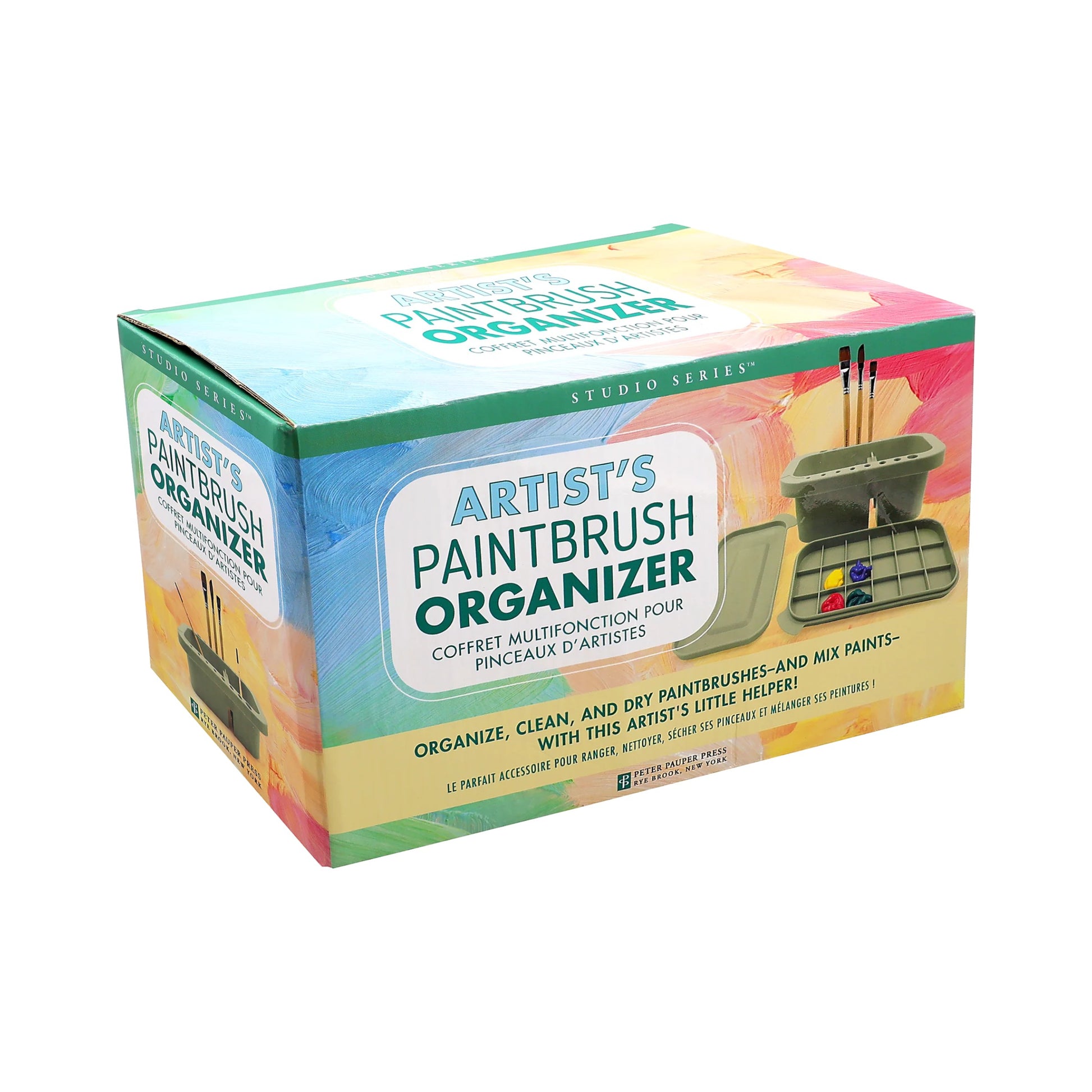 Studio Series Artist's Paintbrush Organizer, featuring a wash basin, 16 drying holes, and a grid palette lid for mixing paints