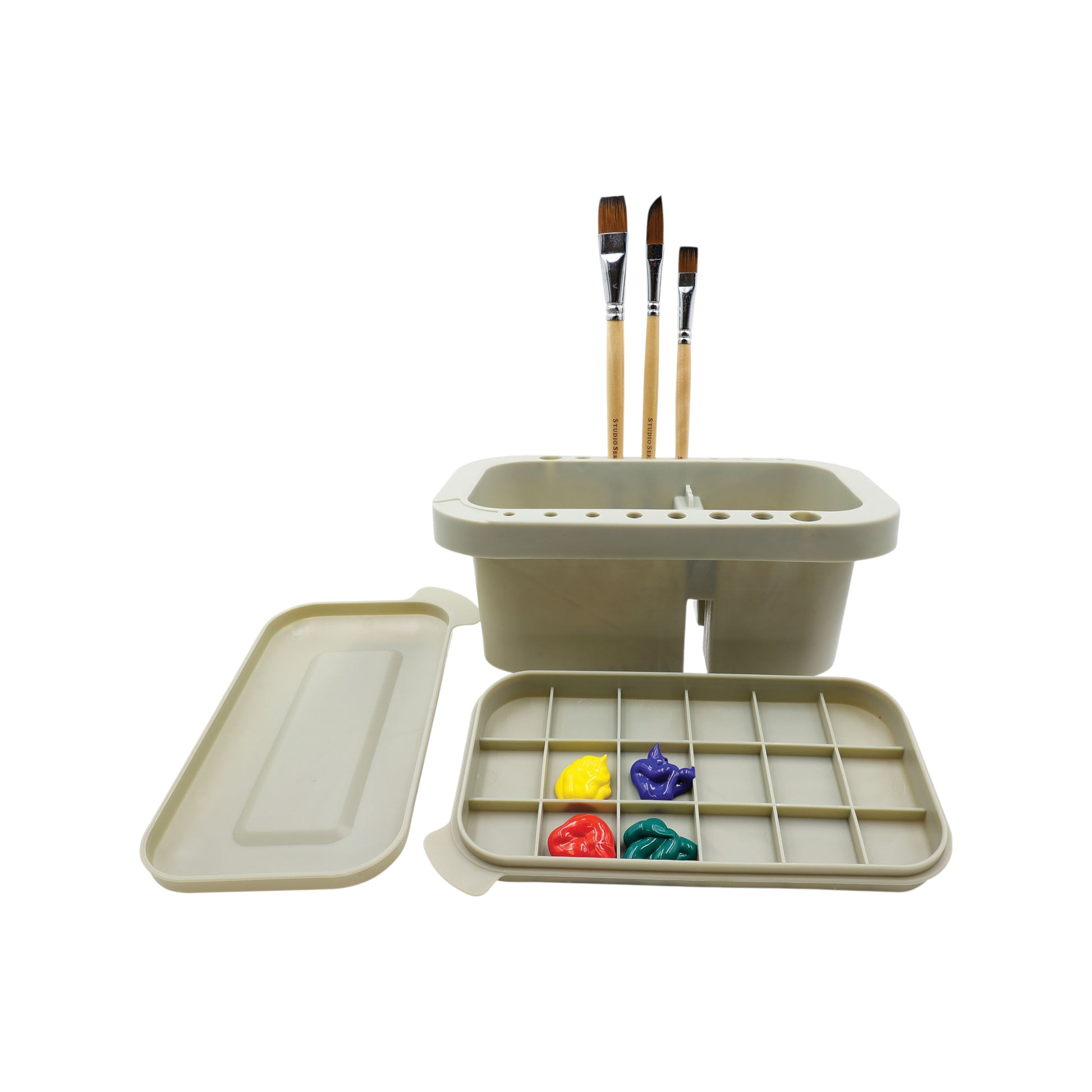Studio Series Artist's Paintbrush Organizer, featuring a wash basin, 16 drying holes, and a grid palette lid for mixing paints