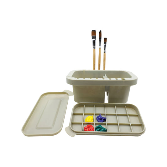 Studio Series Artist's Paintbrush Organizer, featuring a wash basin, 16 drying holes, and a grid palette lid for mixing paints
