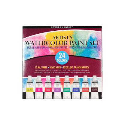 Studio Series Artist's Watercolor Paint Set packaging showing 24 vivid watercolor tubes.