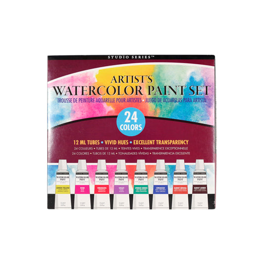Studio Series Artist's Watercolor Paint Set packaging showing 24 vivid watercolor tubes.