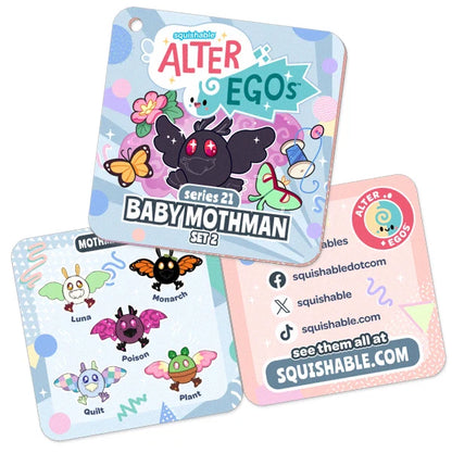 Three Squishable Alter Egos collectible cards for Series 21 Baby Mothman, featuring colorful illustrations of different moths and social media links on a white background.