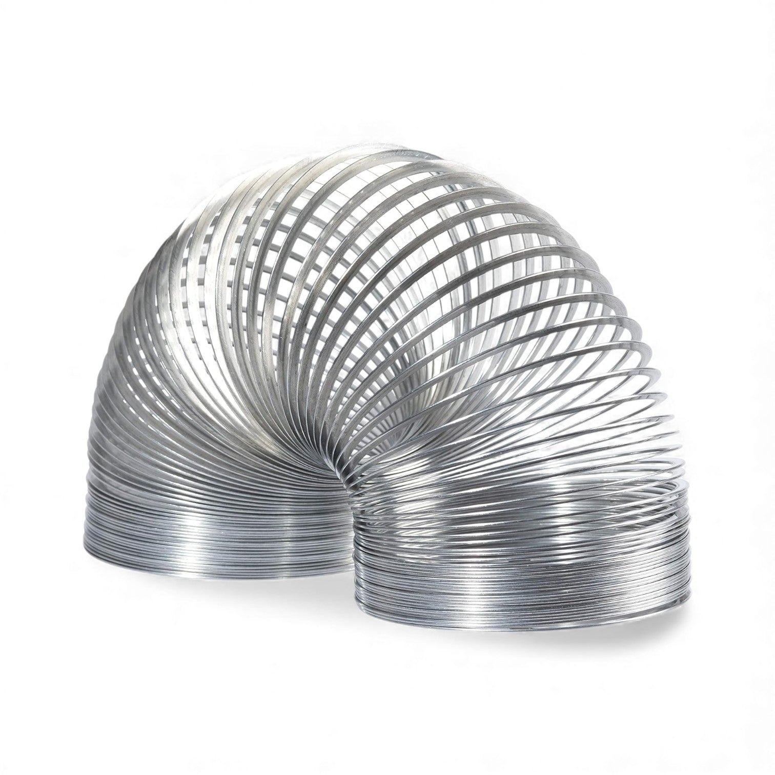 The Original Slinky, a metal walking spring toy, arched in a semi-circle on a white background.