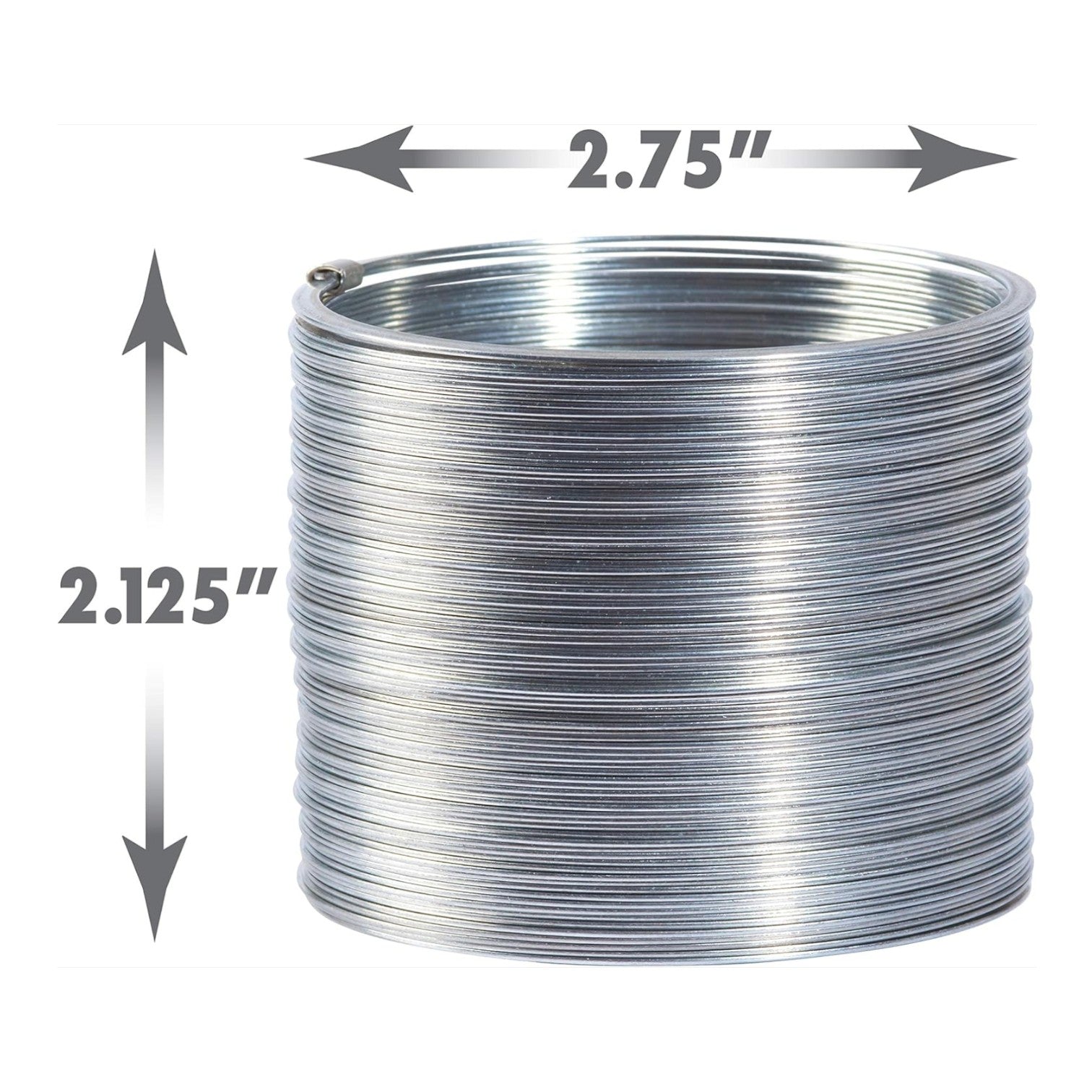 The Original Slinky, a metal walking spring toy, arched in a semi-circle on a white background showing size dimensions. 2.75-2.125 inches.