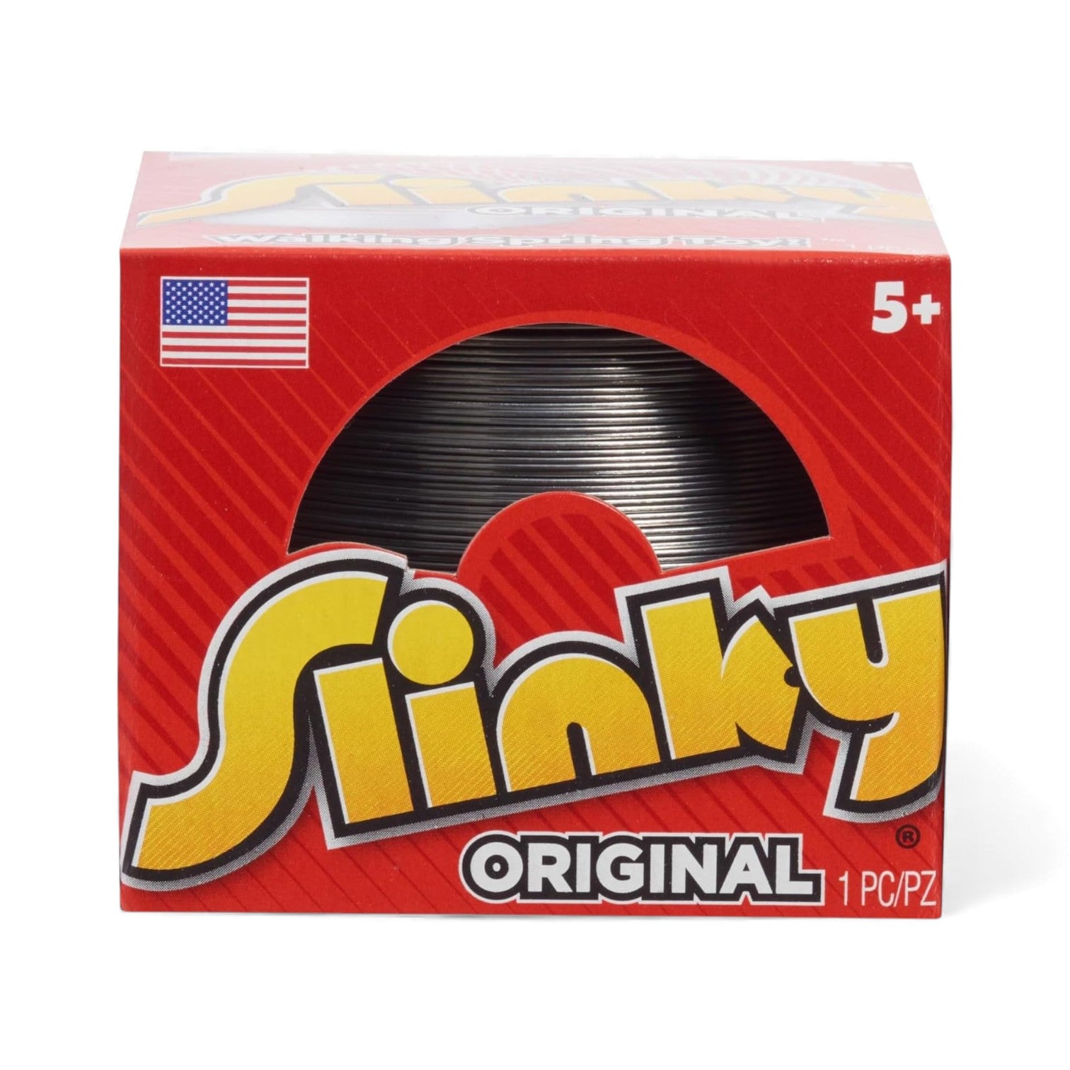 The Original Slinky, a metal walking spring toy, shown both in its classic red box and arched in a semi-circle on a white background.