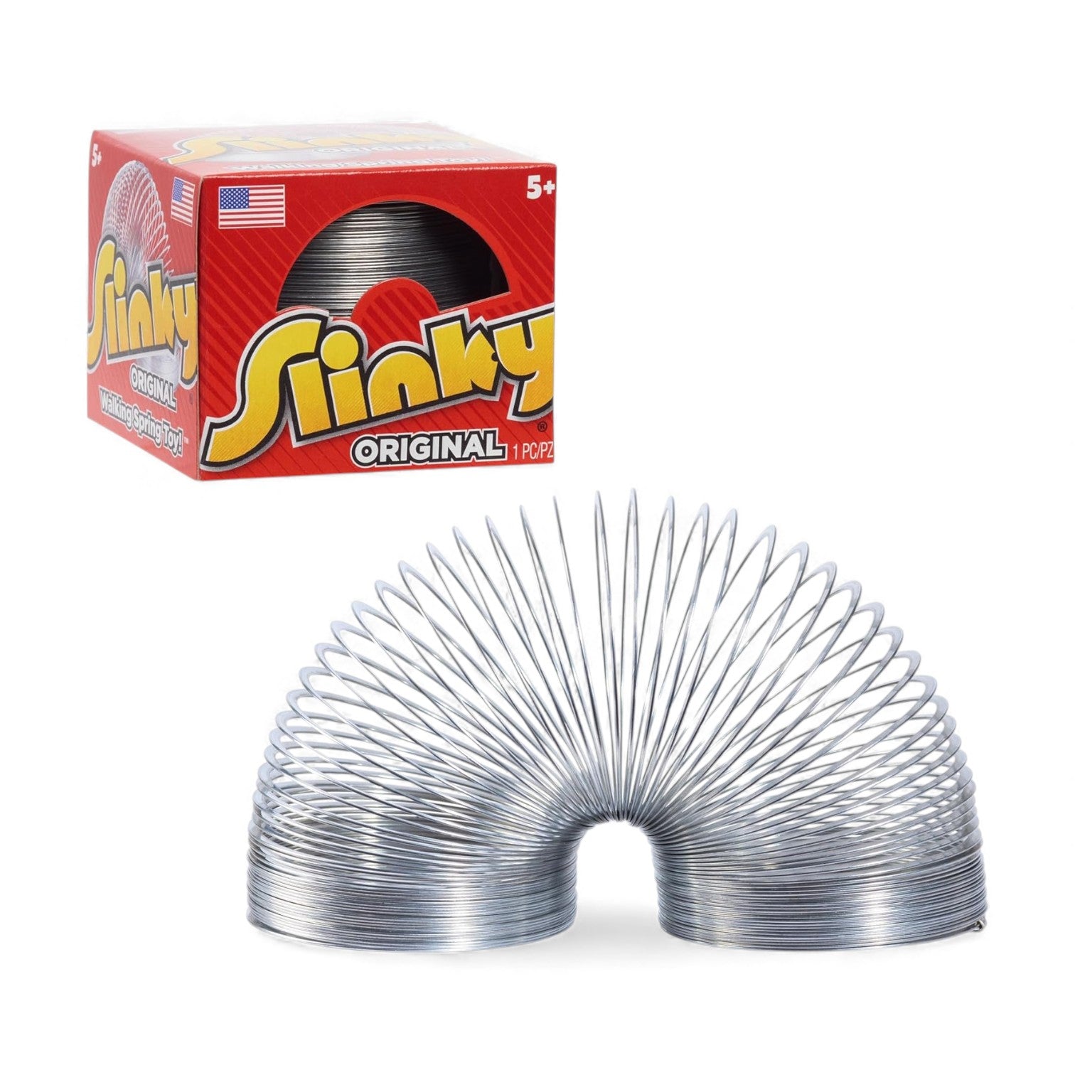 The Original Slinky, a metal walking spring toy, shown both in its classic red box and arched in a semi-circle on a white background.