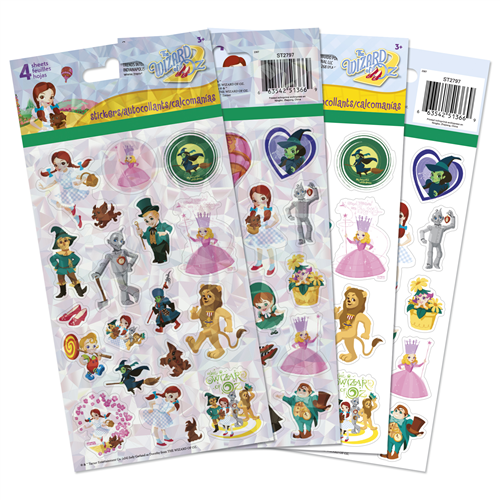 Four sheets of officially licensed The Wizard of Oz stickers by Sandylion featuring Dorothy, Tin Man, Scarecrow, and the Cowardly Lion.