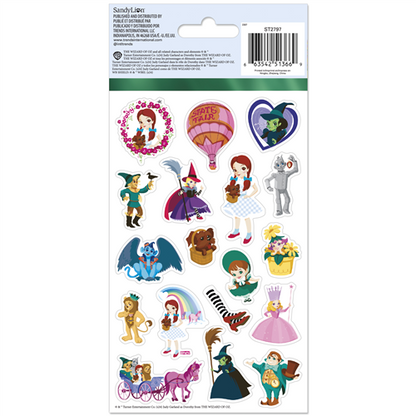 Collection of colorful stickers featuring characters from 'The Wizard of Oz' on a white background with a visible brand label.