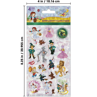 Packaged stickers featuring characters from 'The Wizard of Oz' with dimensions indicated.