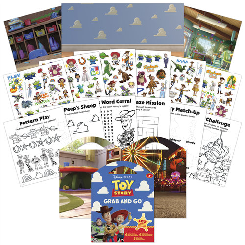Disney Toy Story Grab and Go activity pad featuring sticker sheets, coloring pages, and play scenes with Woody and friends