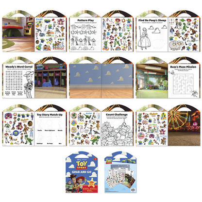 Disney Toy Story Grab and Go activity pad featuring sticker sheets, coloring pages, and play scenes with Woody and friends
