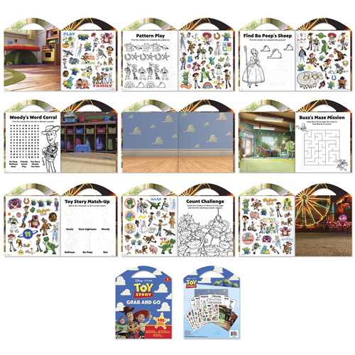 Disney Toy Story Grab and Go activity pad featuring sticker sheets, coloring pages, and play scenes with Woody and friends