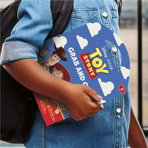 Disney Toy Story Grab and Go activity pad featuring sticker sheets, coloring pages, and play scenes with Woody and friends