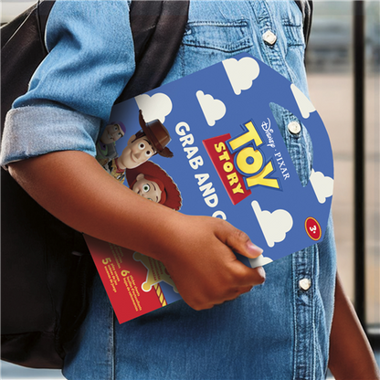Disney Toy Story Grab and Go activity pad featuring sticker sheets, coloring pages, and play scenes with Woody and friends