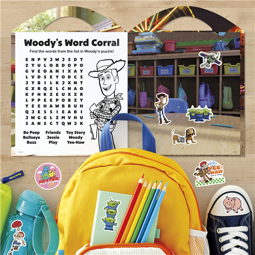 Disney Toy Story Grab and Go activity pad featuring sticker sheets, coloring pages, and play scenes with Woody and friends