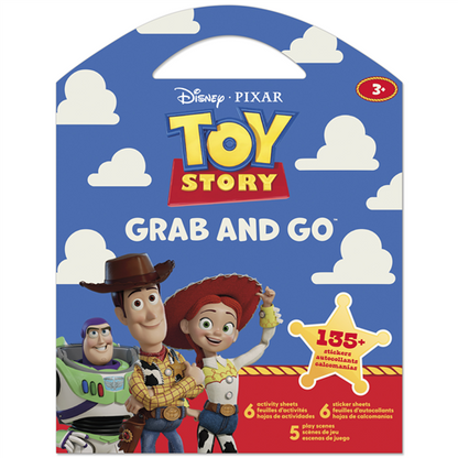 Disney Toy Story Grab and Go activity pad featuring sticker sheets, coloring pages, and play scenes with Woody and friends