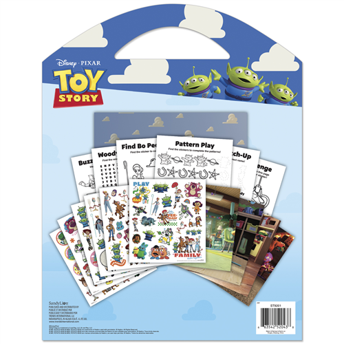 Disney Toy Story Grab and Go activity pad featuring sticker sheets, coloring pages, and play scenes with Woody and friends