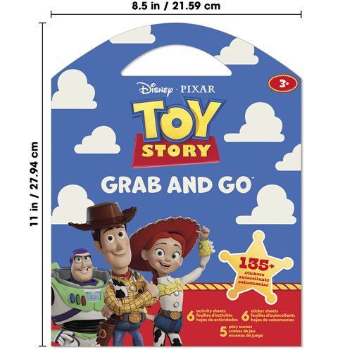 Disney Toy Story Grab and Go activity pad featuring sticker sheets, coloring pages, and play scenes with Woody and friends