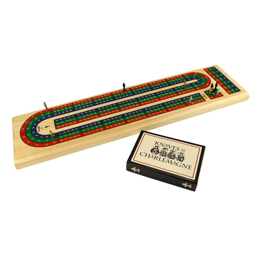 Wooden cribbage board with a box labeled 'Knives of Charlemagne' on a white background