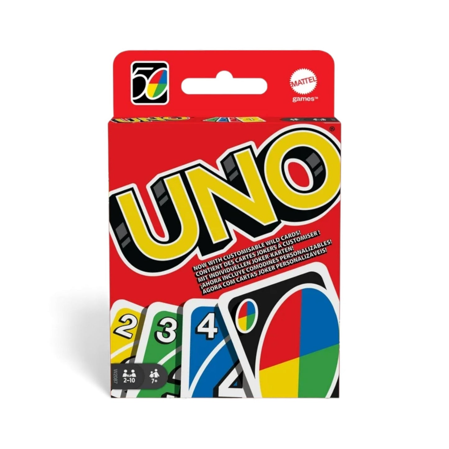 The box for the classic UNO card game, showing the logo and cards for 2, 3, 4, and a wild card.