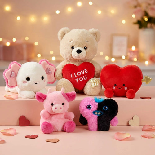 Plush toys including a bear, elephant, pig, and others with heart-shaped 'I LOVE YOU' message on a decorative background.