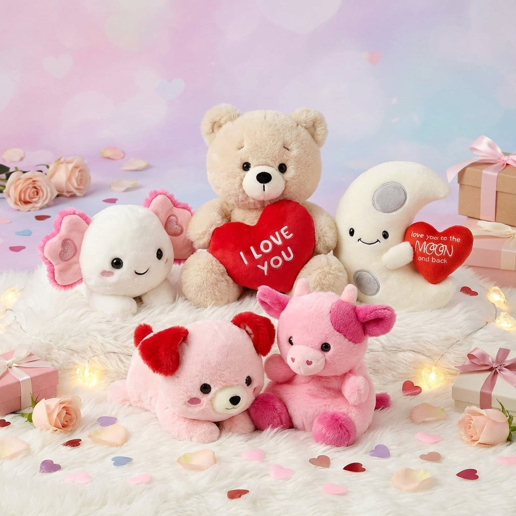 Valentine's Day collection assortment of Aurora Too Cute, Palm Pals, and Just Sayin' seasonal plushies for gifting.
