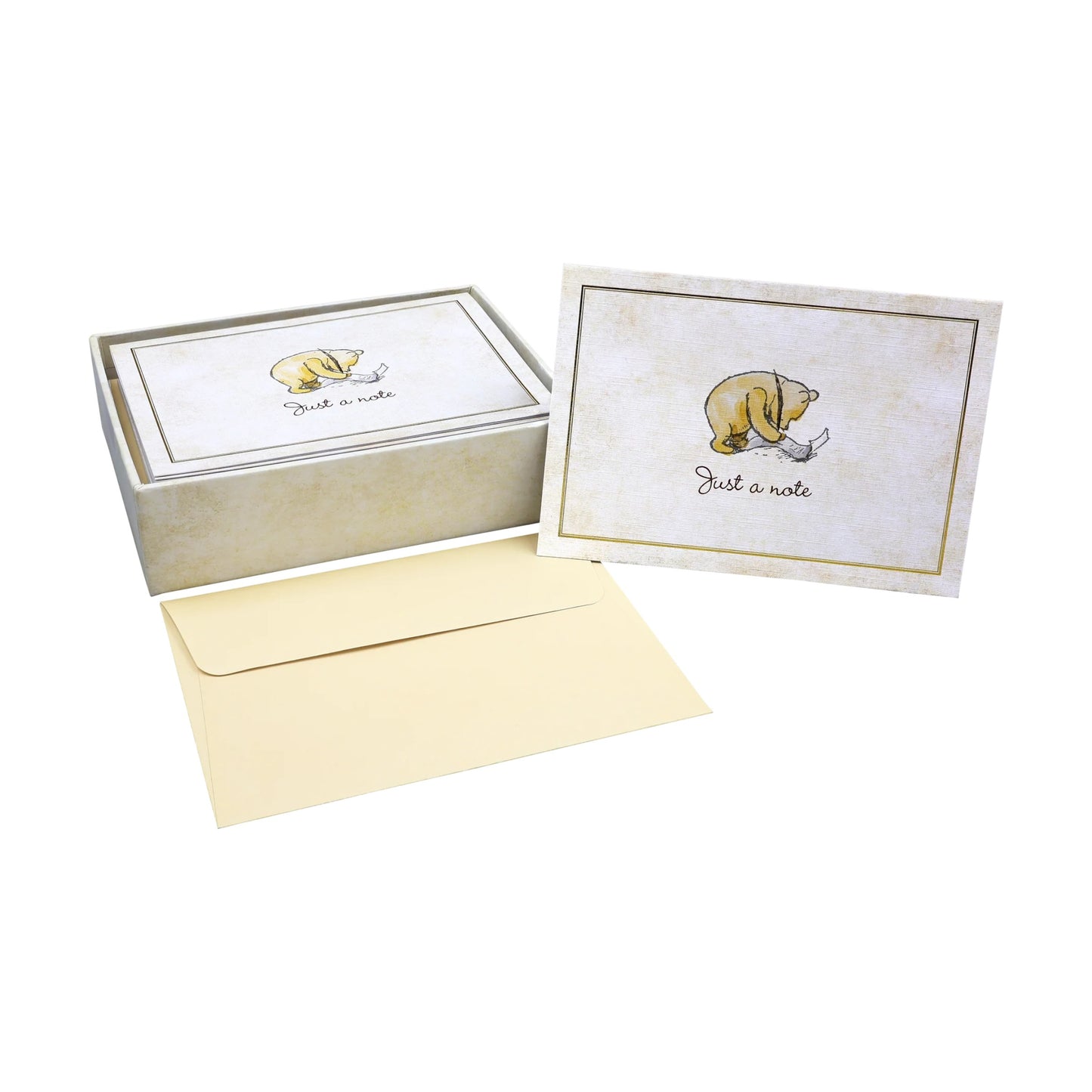 Winnie-the-Pooh Note Cards, featuring a classic illustration of Pooh Bear with gold foil highlights and matching self-sealing envelopes