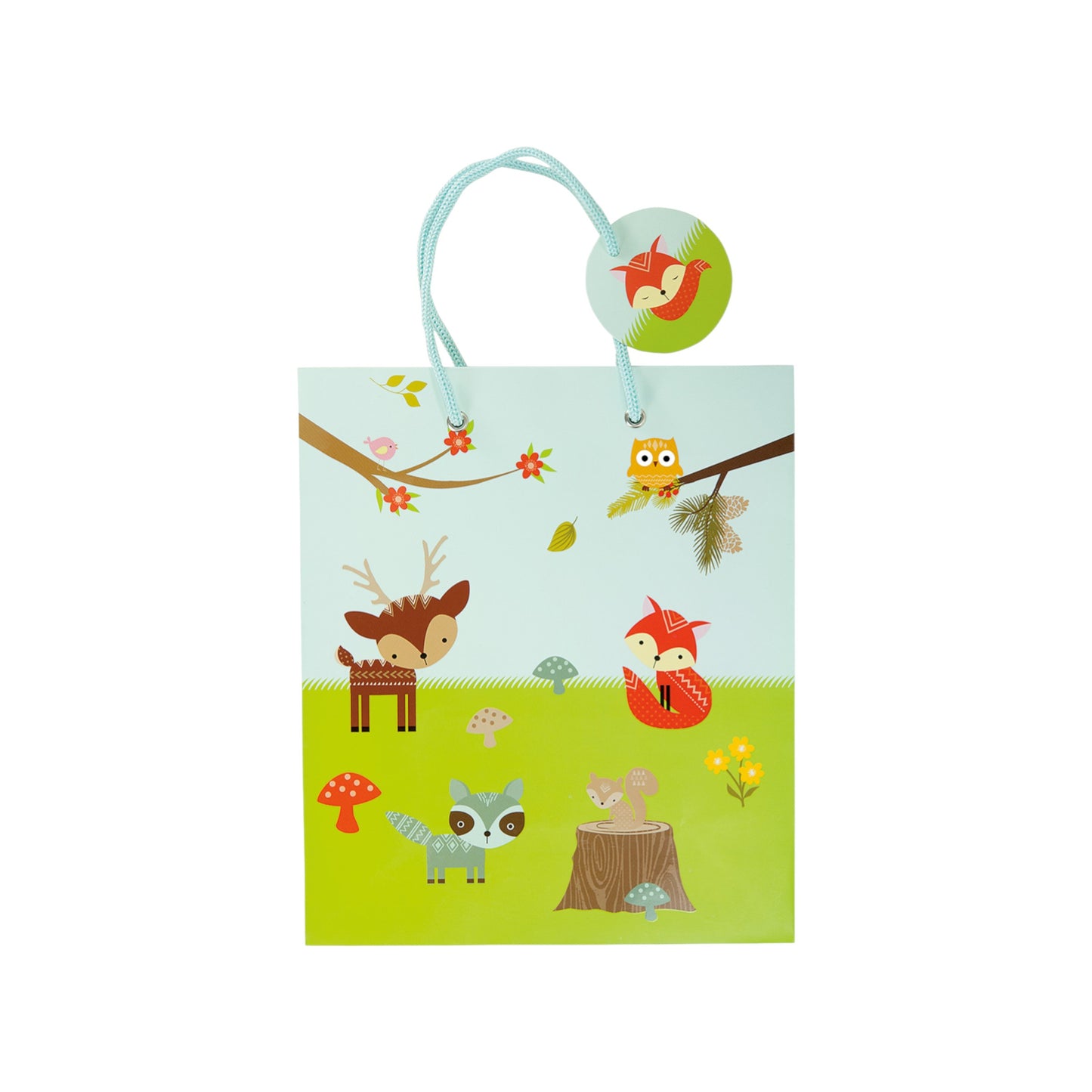 Woodland Friends Gift Bag, featuring adorable woodland animals, light blue cord handles, and an attached matching circular gift tag