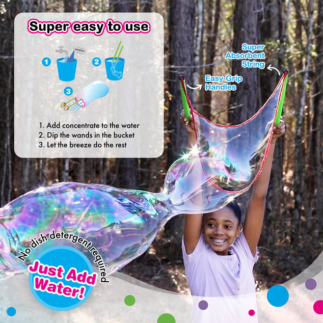 Child holding a large bubble wand with instructions on how to use it, set against a forest background.