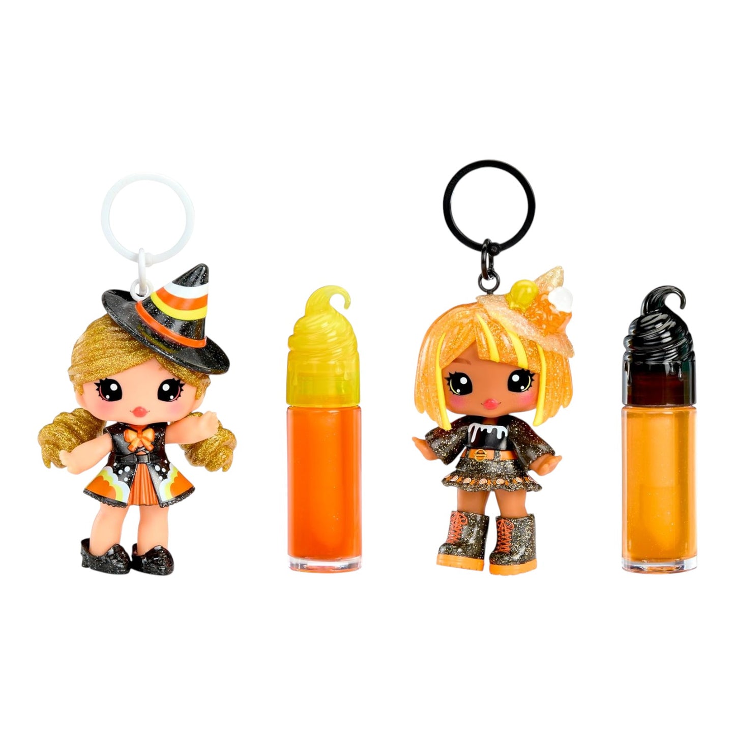 Set of Yummiland Cassie Treats Halloween Lip Gloss Doll with DIY Kit keychains with dolls and lip balms on a white background