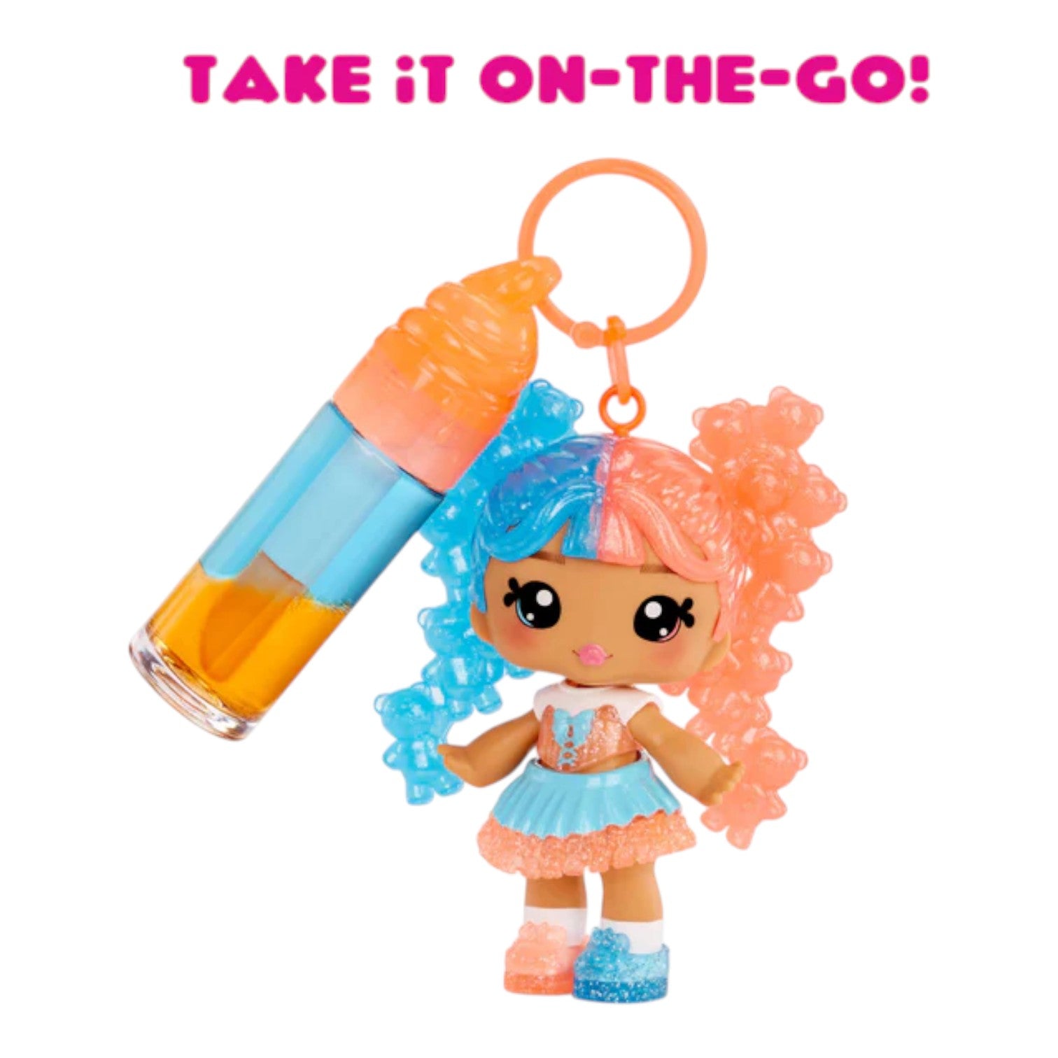 Yummiland Lip Gloss Doll Gwen Gummybear DIY lip gloss kit with colorful hair and bottle, holding a keychain, on a white background with 'Take it on-the-go!' text.
