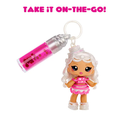 Keychain with a small doll and pink and silver bottle on a white background with text 'Take it on-the-go!'.