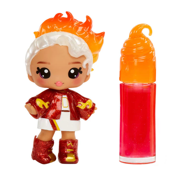 Toy figure with flame-like hair next to a red lip gloss on a white background