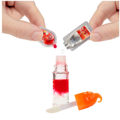 Hand holding a small bottle with red liquid and a dropper, with a white background.
