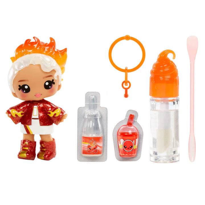 Toy figure with accessories including a bottle, spoon, and keychain on a white background