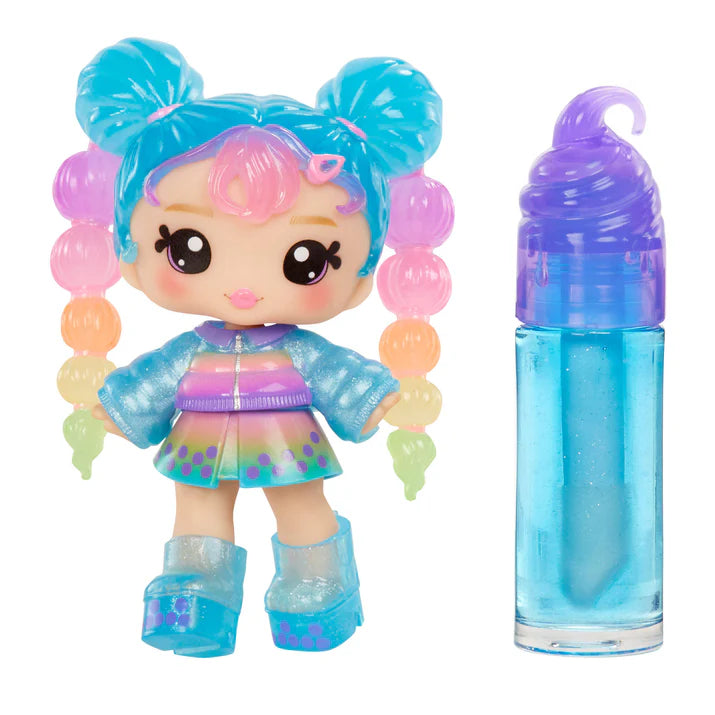 Colorful toy figure with a bottle of blue liquid on a white background