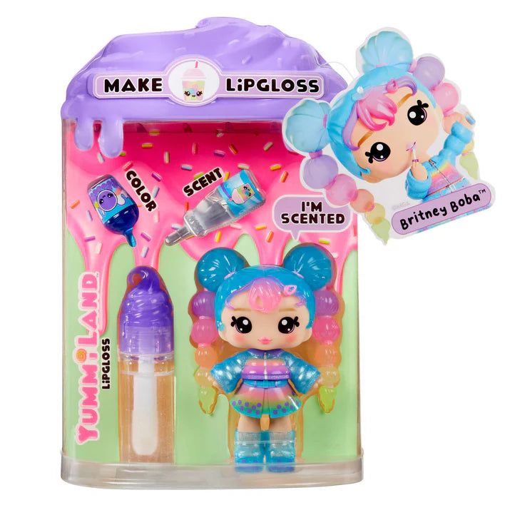 Yummy Land lip gloss set with a character named Britney Boba on a colorful packaging background.