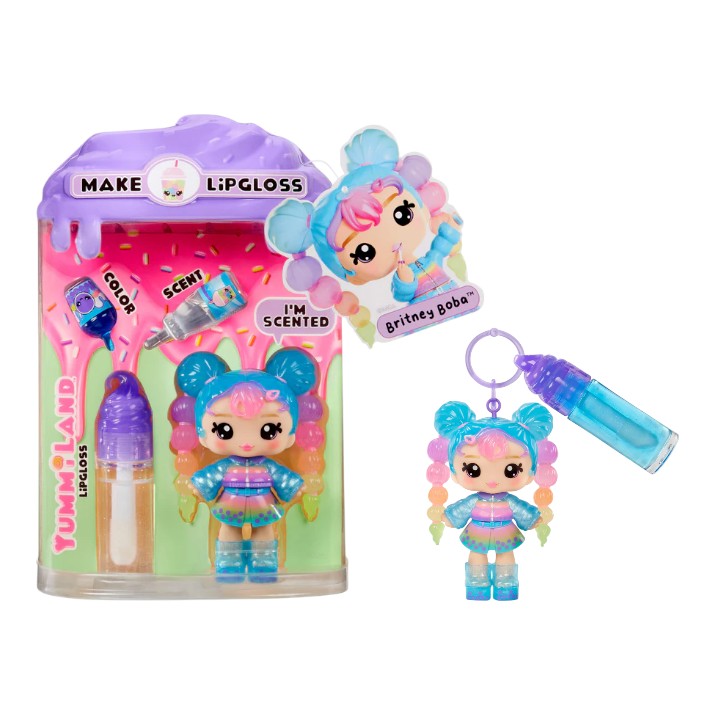 Product view of Yummiland Series 2 Britney Boba doll with teal hair, alongside Yummiland packaging. 