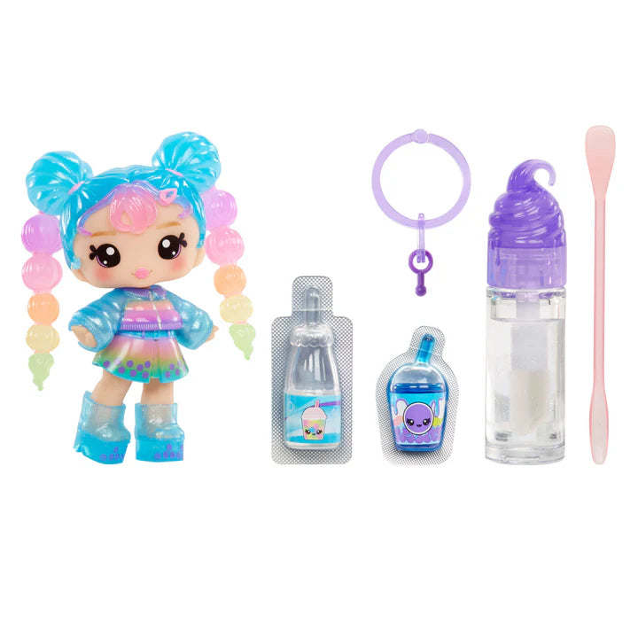 Product view of Yummiland Series 2 Britney Boba doll with teal hair, alongside her DIY lip gloss kit including a boba-shaped bottle and mixing spoon.