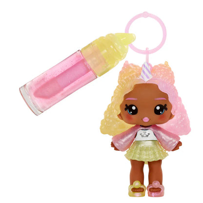 Small doll with blonde hair and pink outfit next to a pink and yellow ice cream cone-shaped container on a white background