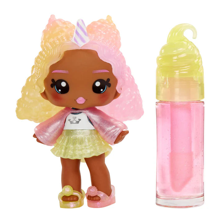 Toy doll with unicorn hair and a pink bottle on a white background