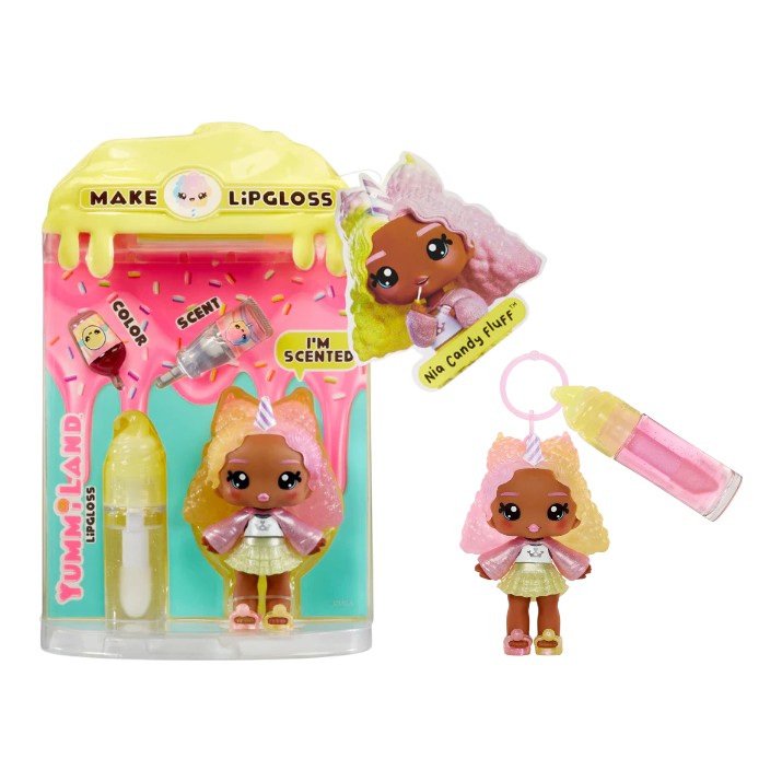 Product view of Yummiland Series 2 Nia Candy Fluff doll with pink and yellow hair, alongside Yummiland product packaging.