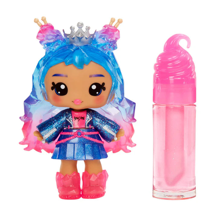 Toy doll with blue and pink hair and a pink bottle on a white background