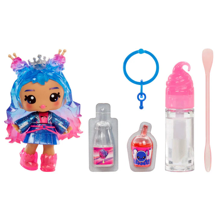 Toy doll with blue hair and accessories including a bottle, brush, and other items on a white background