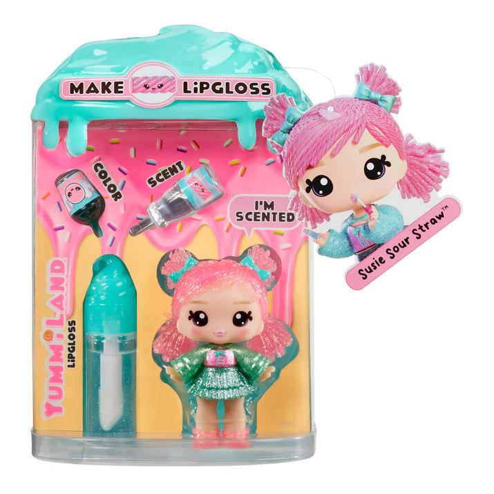 Yummiland lip gloss set with a doll and packaging details on a white background