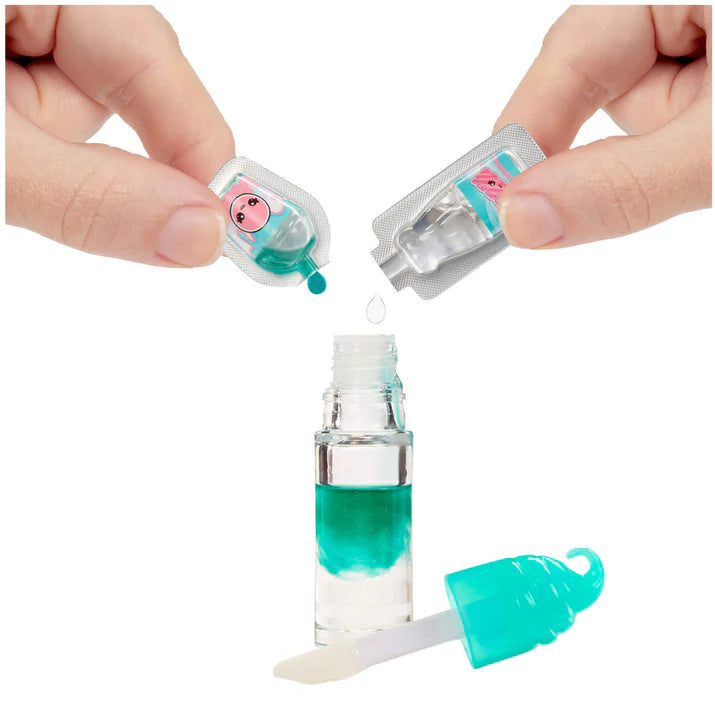 Small bottle with a dropper being filled with blue liquid from a pump.