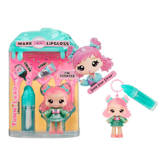 Product view of Yummiland Series 2 Susie Sour Straw doll with pink hair, alongside her DIY lip gloss kit including a custom bottle and mixing spoon.