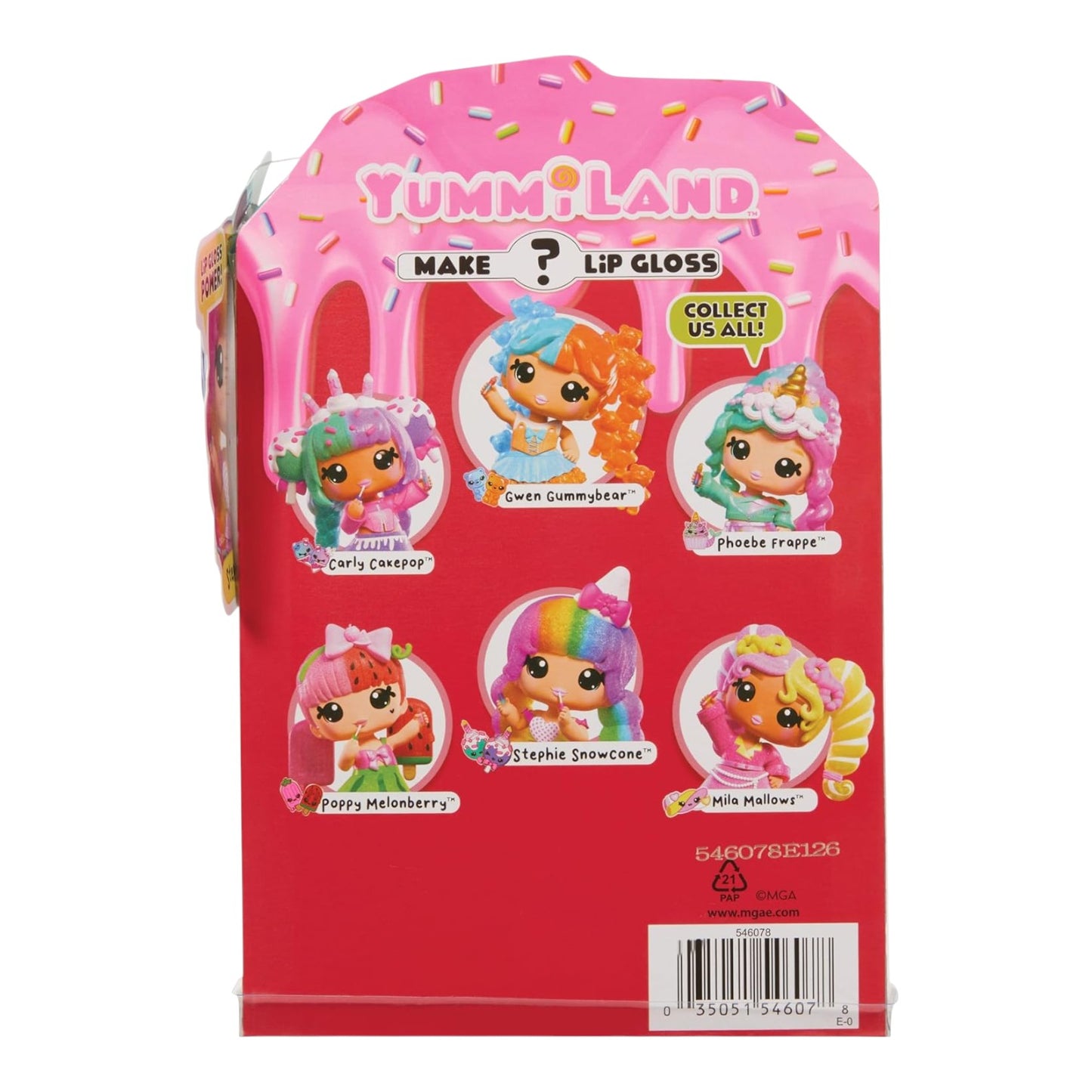 Yummiland Lip Gloss Doll Stephie Snowcone two-tone DIY lip gloss kit packaging with character illustrations on a white background