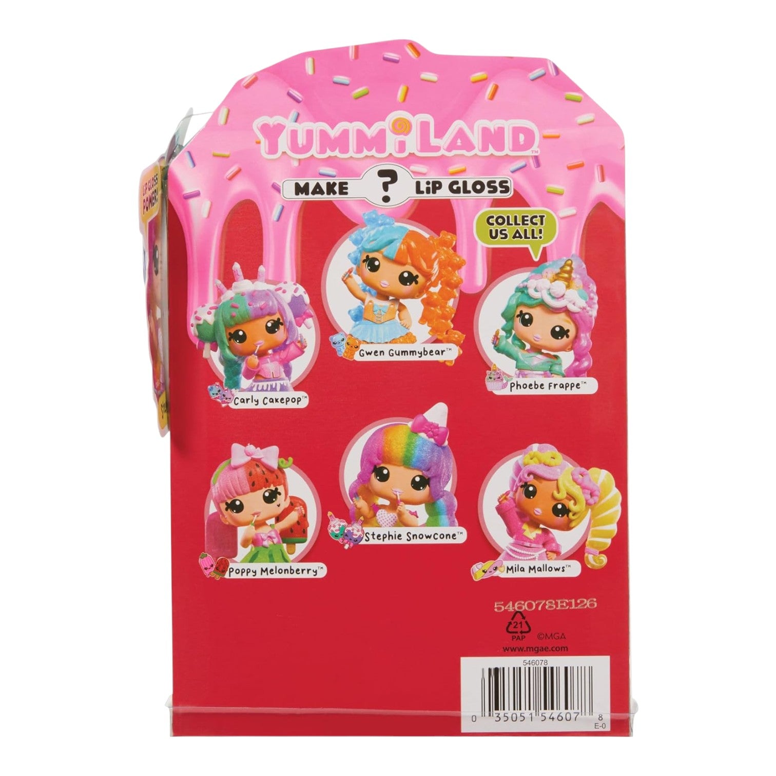 Yummiland Lip Gloss Doll Stephie Snowcone two-tone DIY lip gloss kit packaging with character illustrations on a white background