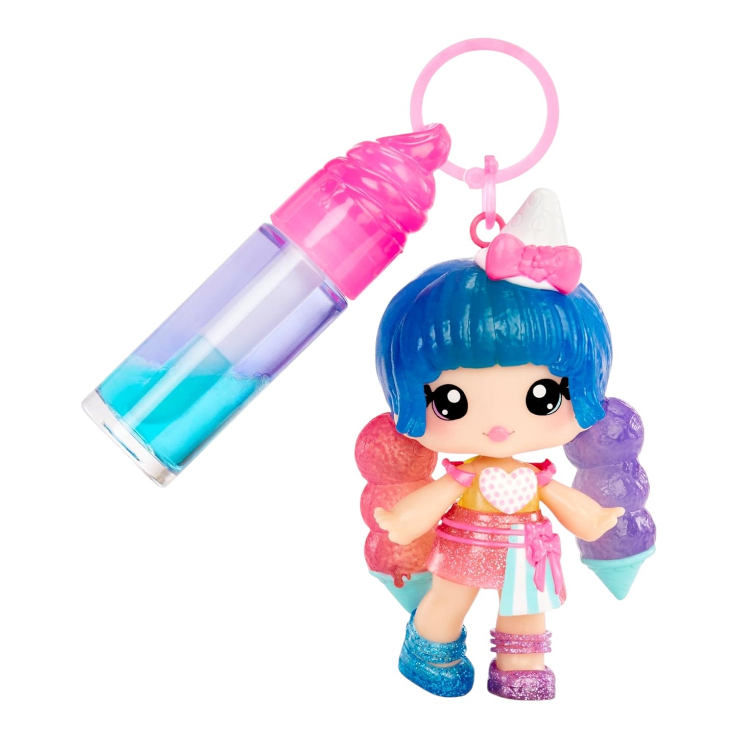 Yummiland Lip Gloss Doll Stephie Snowcone two-tone DIY lip gloss kit with blue hair and a bottle keychain on a white background
